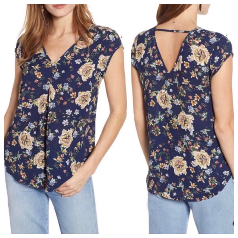 Halogen floral print v-neck top with bar back S